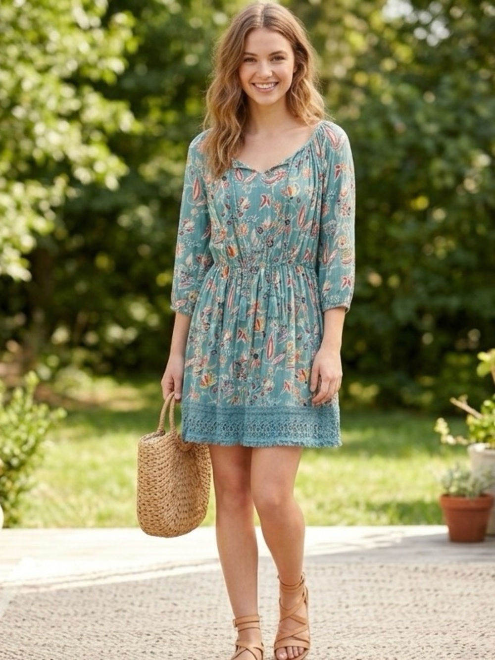Falls Creek Teal Paisley Smocked Mini Dress
